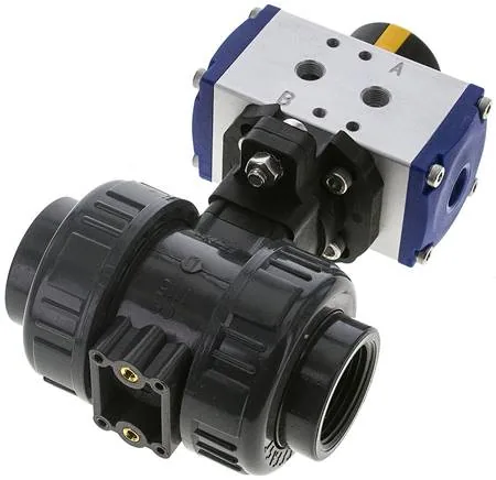 KH 10 PVCFK P, Pneumatický kulový kohout z PVC, Rp 1", dvojčinný, vnitřní závit, těsnění FKM