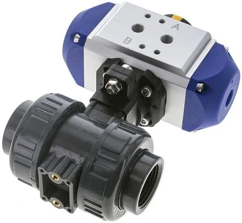 KH 10 PVCFK P FS, Pneumatický kulový kohout z PVC, Rp 1", Pružina – zavírající, vnitřní závit, těsnění FKM