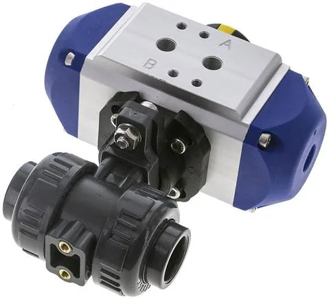 PVCKH 20 FK P FS, Pneumatický kulový kohout z PVC, 20 mm, Pružina – zavírající, Lepicí pouzdro, těsnění FKM
