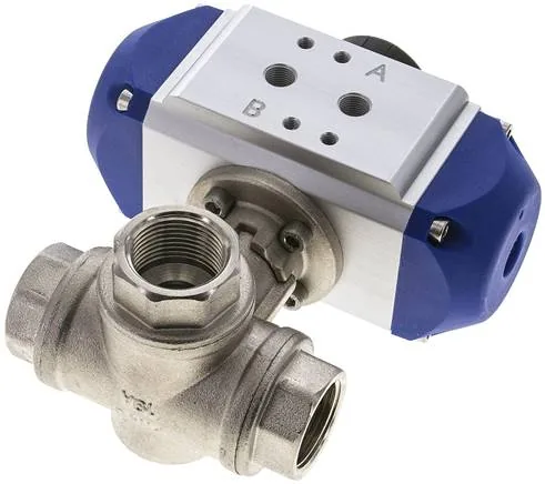 KH 3/34 T2 PE, Pneumatický 3cestný kulový kohout, (T2), jednočinný, G 3/4", MS