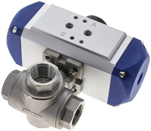 KH 3/34 T2 PE ES, Pneumatický 3cestný kulový kohout, (T2), jednočinný, G 3/4", ES