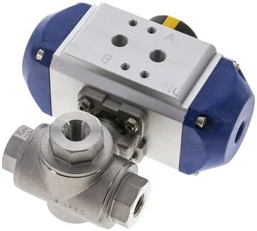 KH 3/14 T1 PE ES, Pneumatický 3cestný kulový kohout, (T1), jednočinný, G 1/4", ES