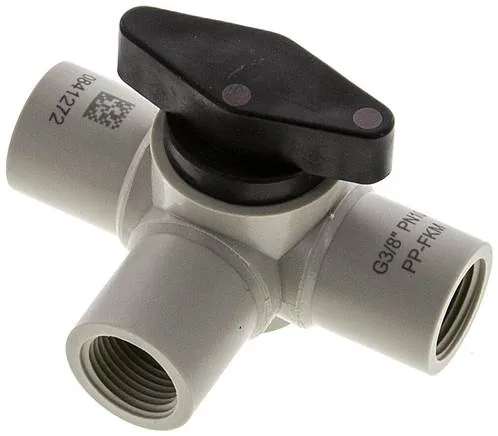 KH 383 H PP, 3cestný kulový kohout, Polypropylen, G 3/8", PN 10, otvor L (Horizontální)