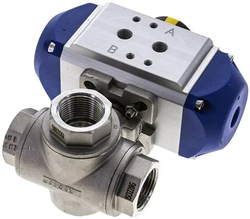 KH 3/34 L P ES-V, Pneumatický 3cestný kulový kohout, (L), dvojčinný, těsnění FKM, G 3/4", ES