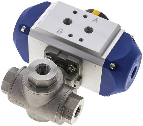 KH 3/14 T1 P ES, Pneumatický 3cestný kulový kohout, (T1), dvojčinný, G 1/4", ES