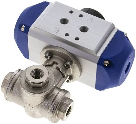 KH 3/14 T2 PE, Pneumatický 3cestný kulový kohout, (T2), jednočinný, G 1/4", MS