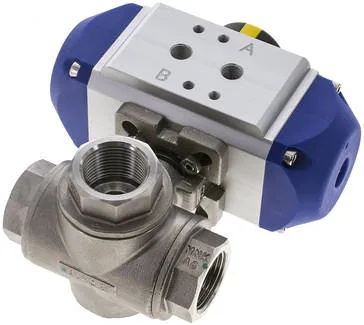 KH 3/34 L P ES, Pneumatický 3cestný kulový kohout, (L), dvojčinný, G 3/4", ES