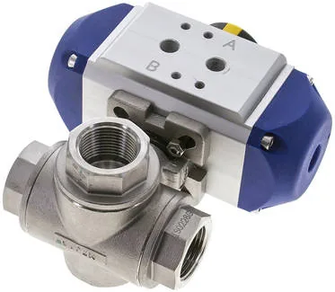 KH 3/34 T1 P ES, Pneumatický 3cestný kulový kohout, (T1), dvojčinný, G 3/4", ES