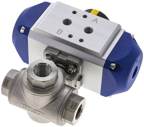 KH 3/38 L PE ES, Pneumatický 3cestný kulový kohout, (L), jednočinný, G 3/8", ES