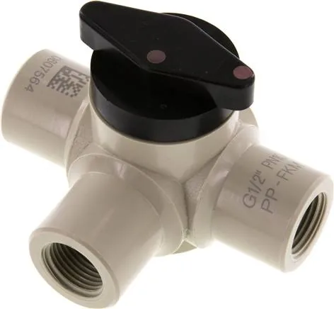 KH 123 H PP, 3cestný kulový kohout, Polypropylen, G 1/2", PN 10, otvor L (Horizontální)
