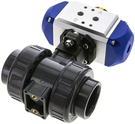 PVCKH 40 EP P, Pneumatický kulový kohout z PVC, 40 mm, dvojčinný, Lepicí pouzdro, těsnění EPDM